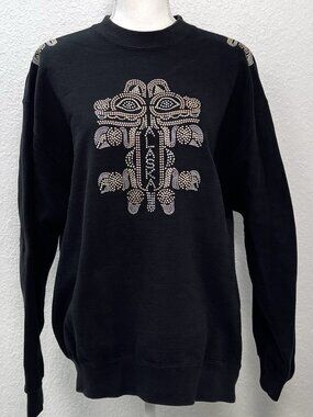 VTG 90s CHRISTINE ALEXANDER Womens LARGE Black Studded Alaska SWEATSHIRT Totem